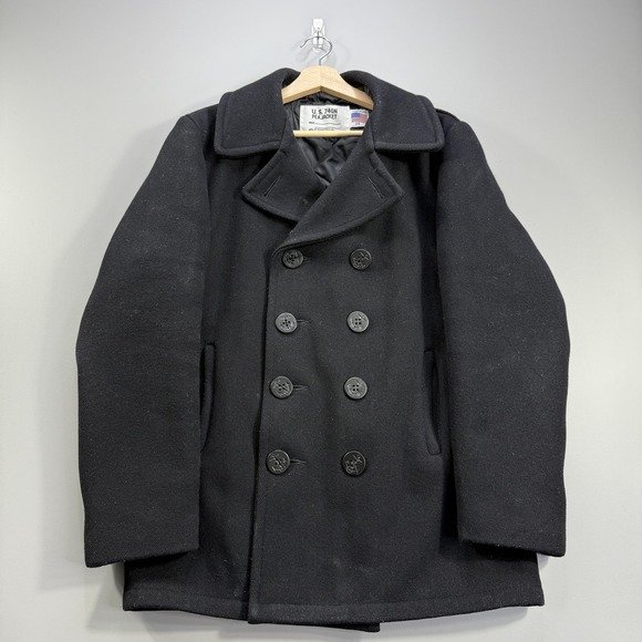 Schott NYC 740N Pea Coat Mens 38 Navy Wool Double Breasted US Navy USA